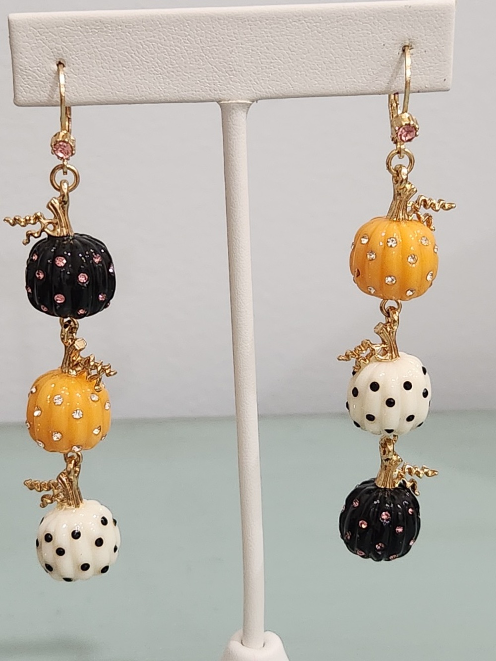NEW BETSEY JOHNSON Pumpkin Linear Dangle Earrings 3” Crystal Polka Dot Leverback